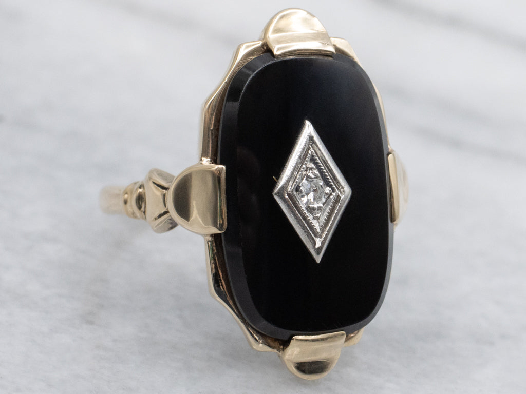 Mid-Century Black Onyx and Diamond Ladies Ring