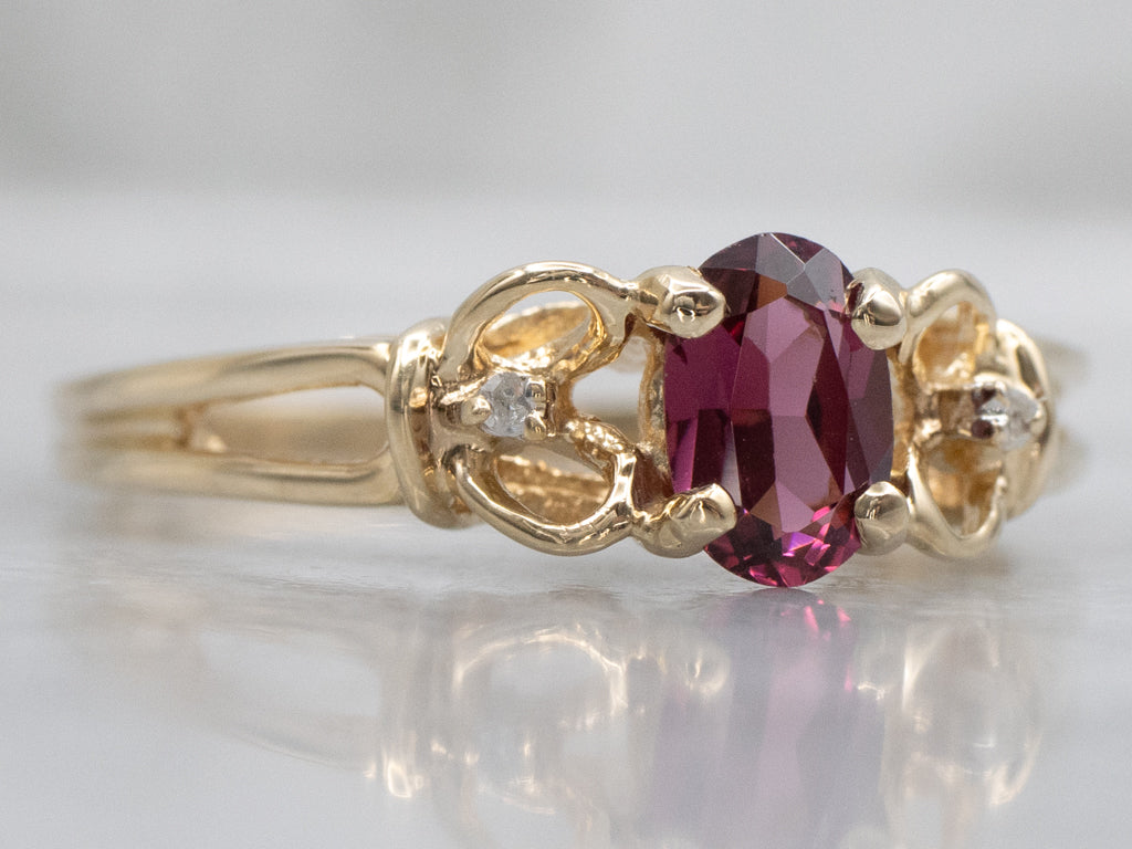 Yellow Gold Rhodolite Garnet and Diamond Three Stone Ring