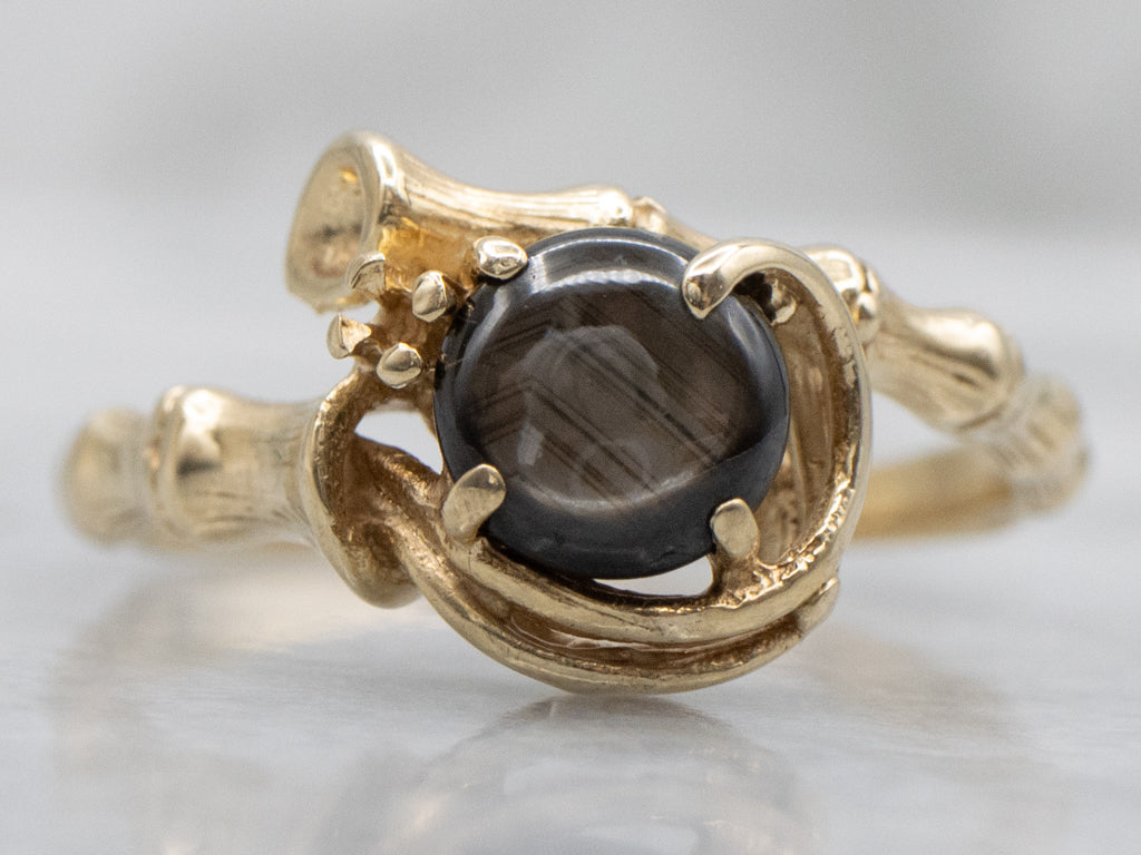 Black Star Sapphire Gold Bamboo Bypass Ring