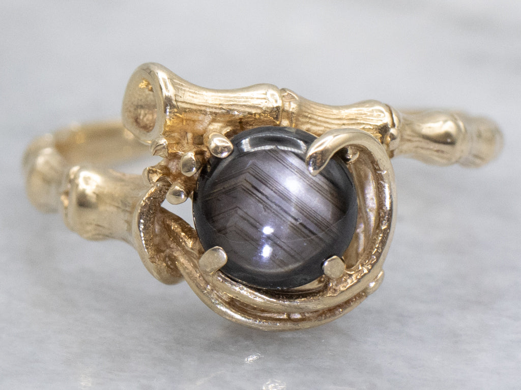Black Star Sapphire Gold Bamboo Bypass Ring