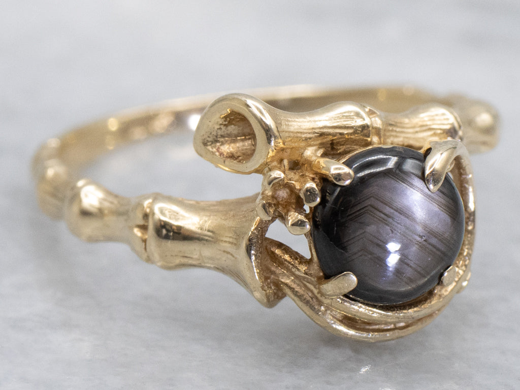 Black Star Sapphire Gold Bamboo Bypass Ring