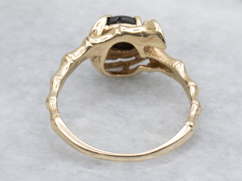 Black Star Sapphire Gold Bamboo Bypass Ring