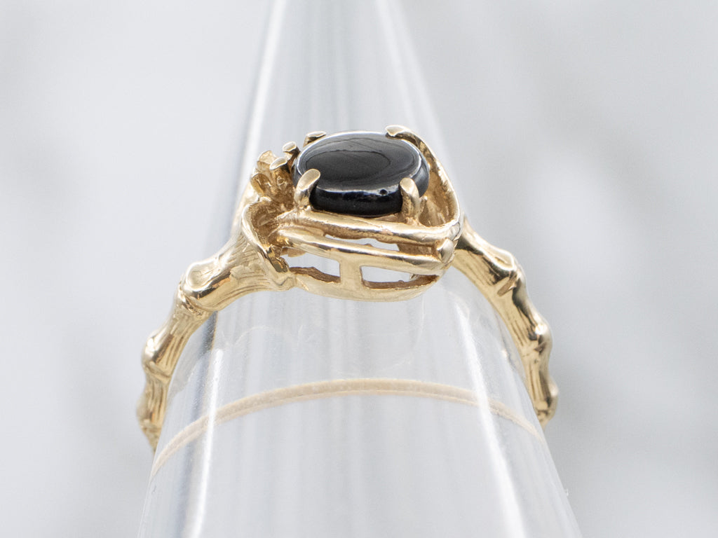 Black Star Sapphire Gold Bamboo Bypass Ring