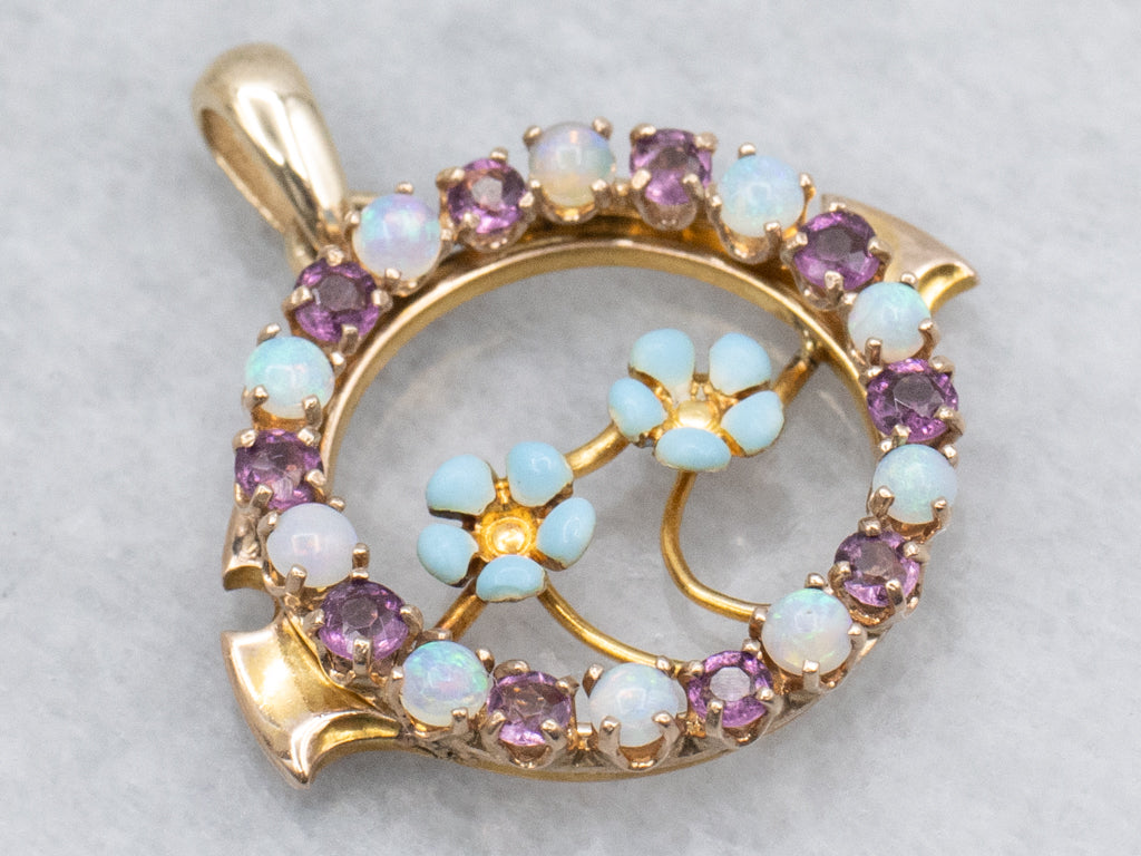Art Nouveau Gold Forget-Me-Not Opal and Amethyst Floral Pendant