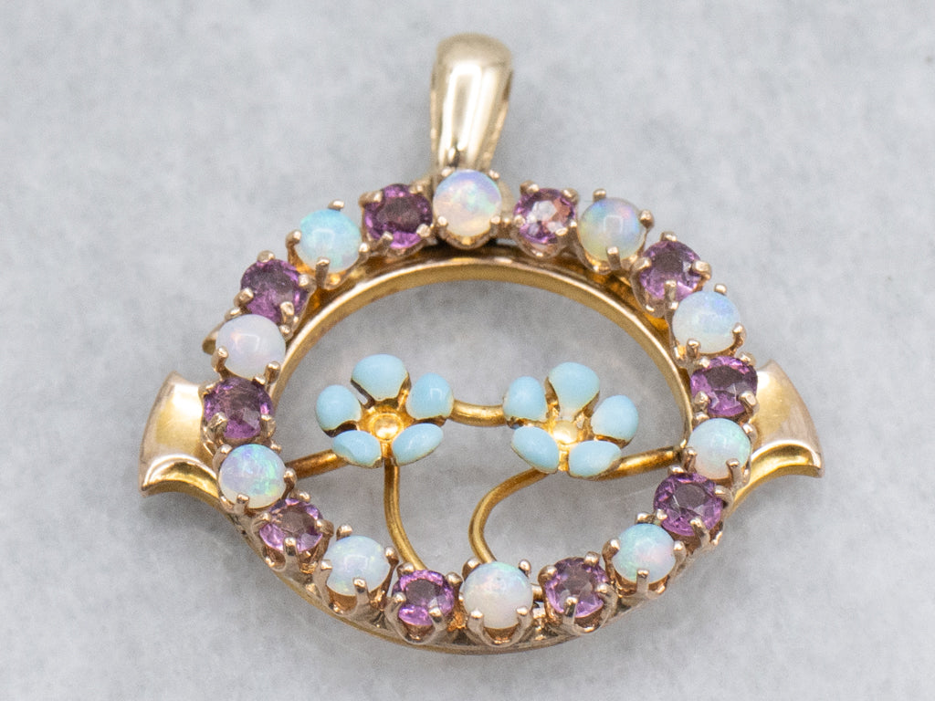 Art Nouveau Gold Forget-Me-Not Opal and Amethyst Floral Pendant