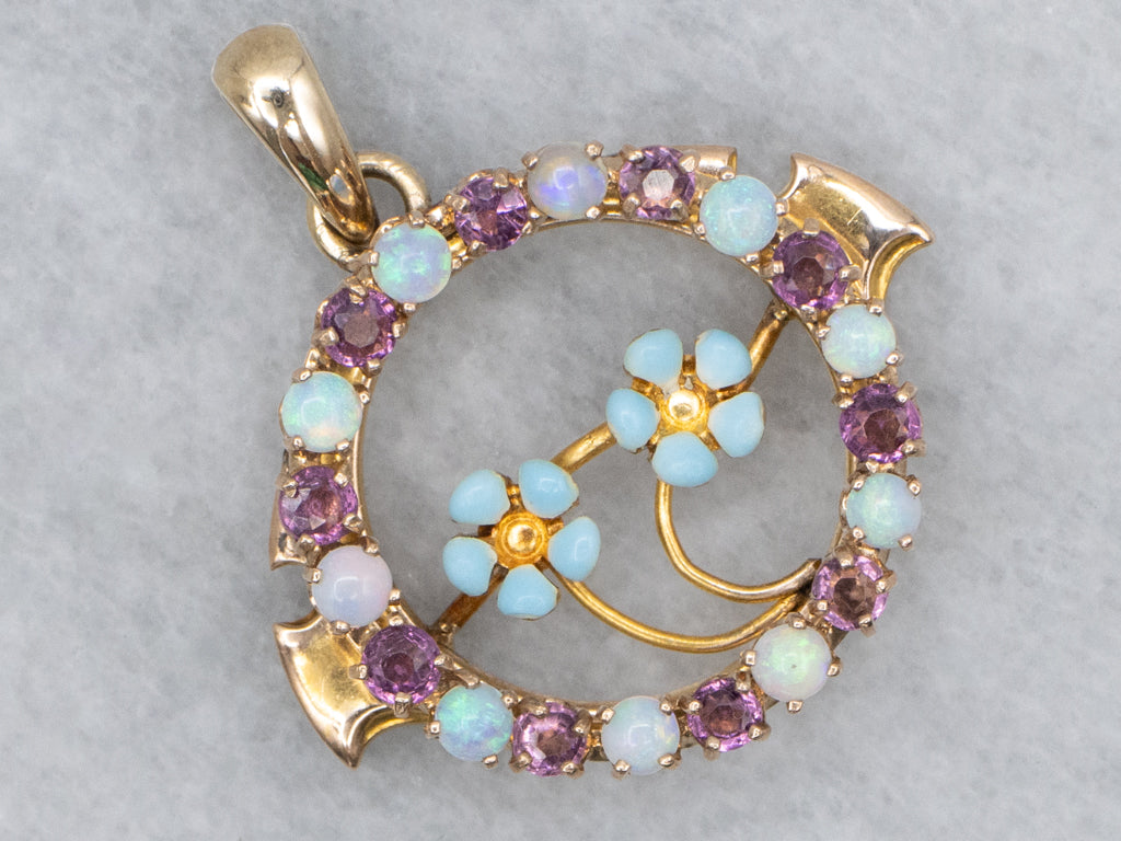 Art Nouveau Gold Forget-Me-Not Opal and Amethyst Floral Pendant