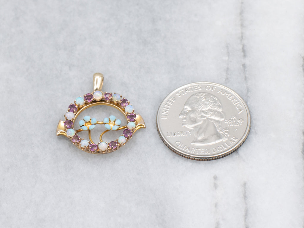 Art Nouveau Gold Forget-Me-Not Opal and Amethyst Floral Pendant