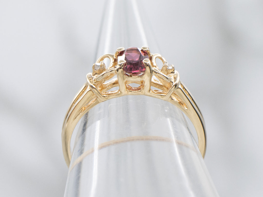 Yellow Gold Rhodolite Garnet and Diamond Three Stone Ring