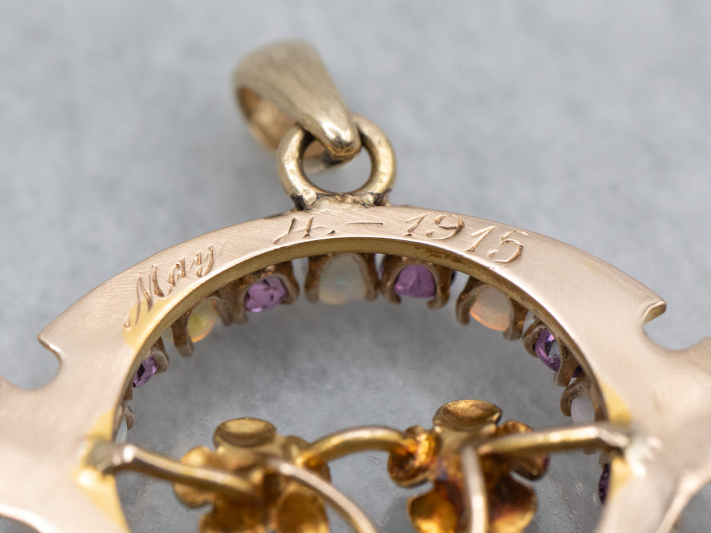 Art Nouveau Gold Forget-Me-Not Opal and Amethyst Floral Pendant