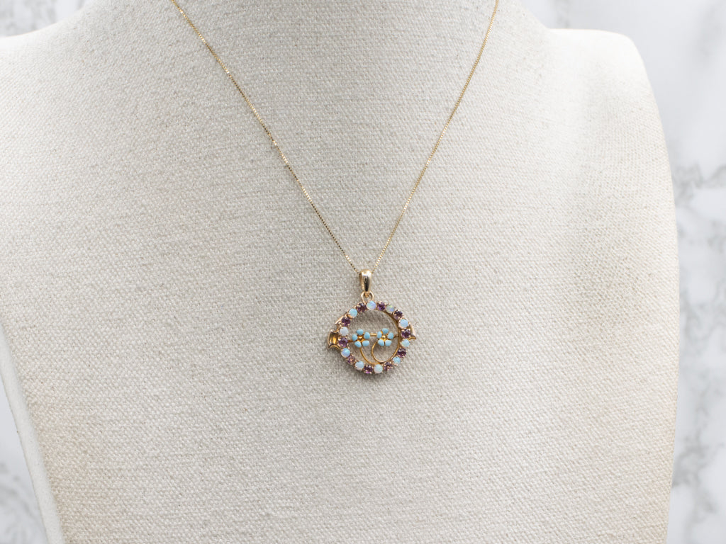 Art Nouveau Gold Forget-Me-Not Opal and Amethyst Floral Pendant