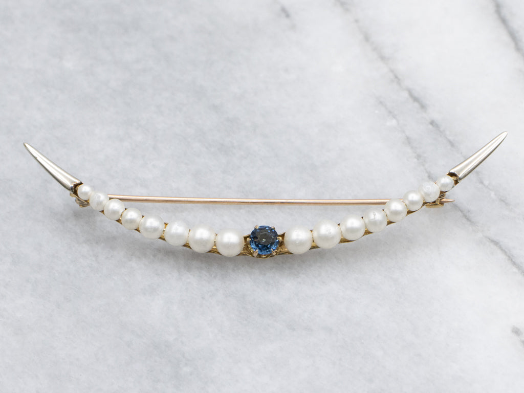 Antique Sapphire Doublet and Faux-Pearl Crescent-Moon Brooch