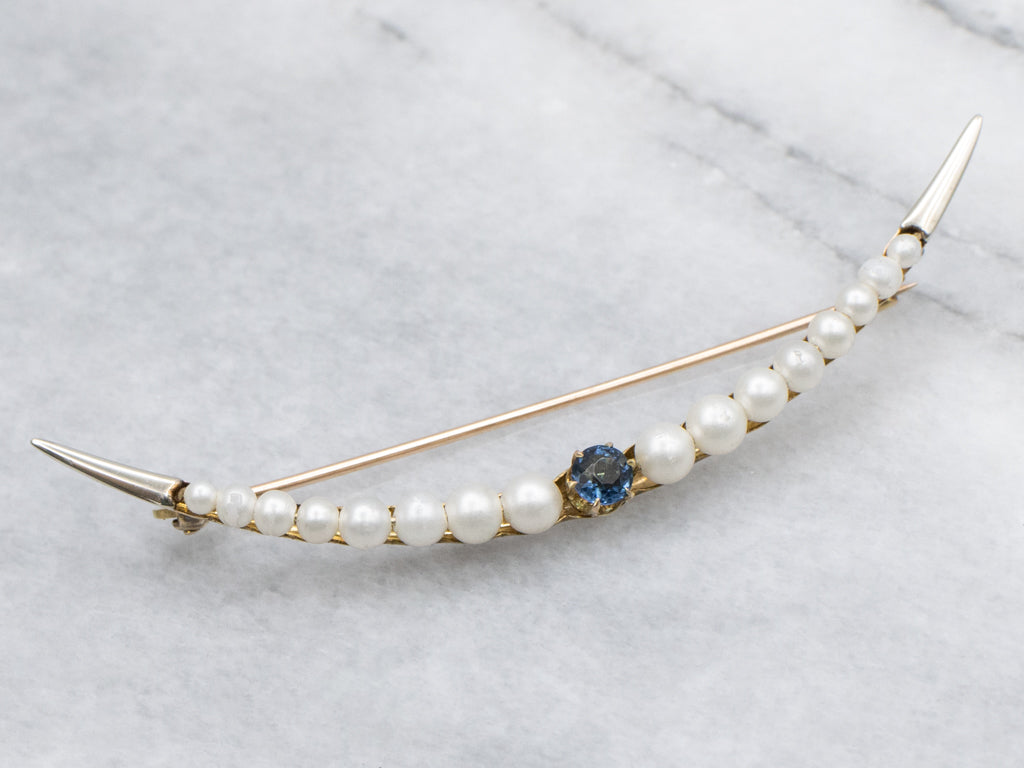 Antique Sapphire Doublet and Faux-Pearl Crescent-Moon Brooch