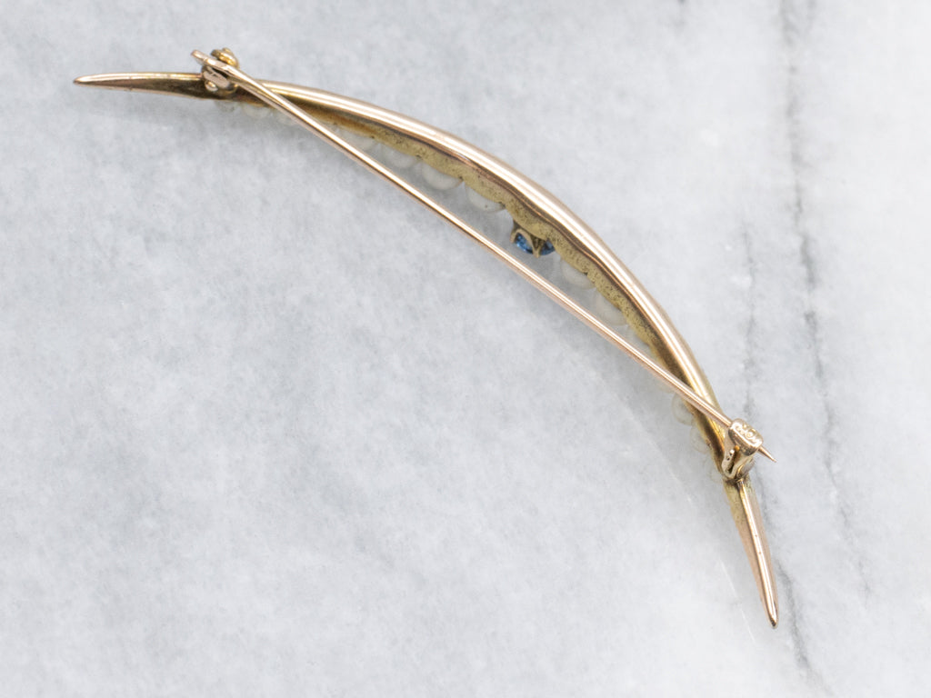 Antique Sapphire Doublet and Faux-Pearl Crescent-Moon Brooch