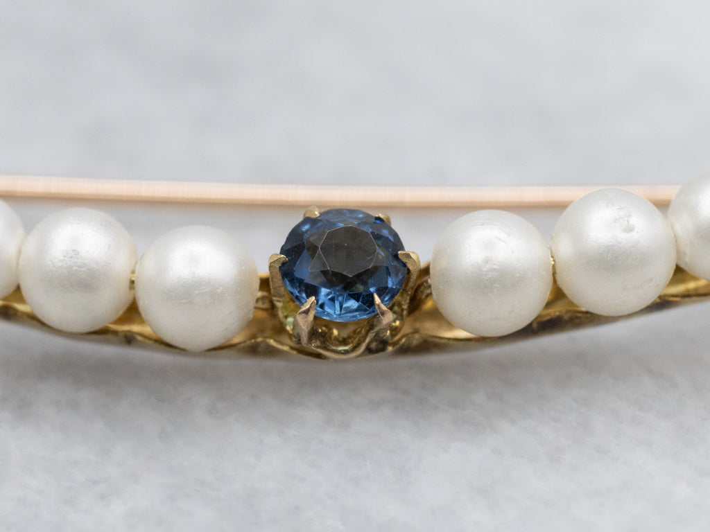 Antique Sapphire Doublet and Faux-Pearl Crescent-Moon Brooch