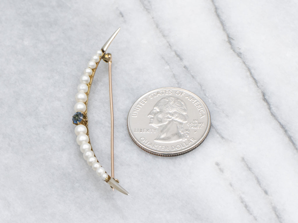 Antique Sapphire Doublet and Faux-Pearl Crescent-Moon Brooch