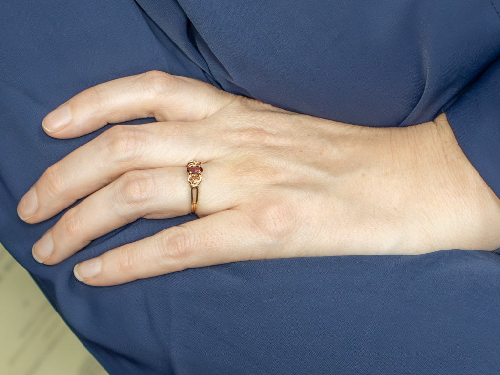 Yellow Gold Rhodolite Garnet and Diamond Three Stone Ring