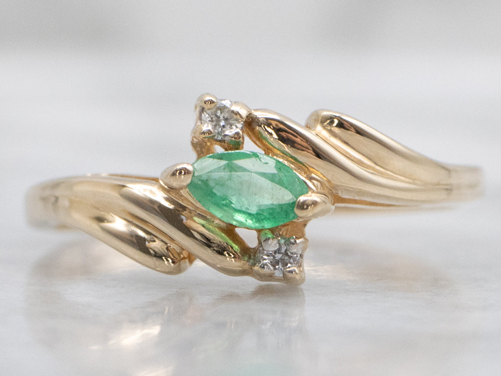 Marquise-Cut Emerald and Diamond Gold Bypass Ring