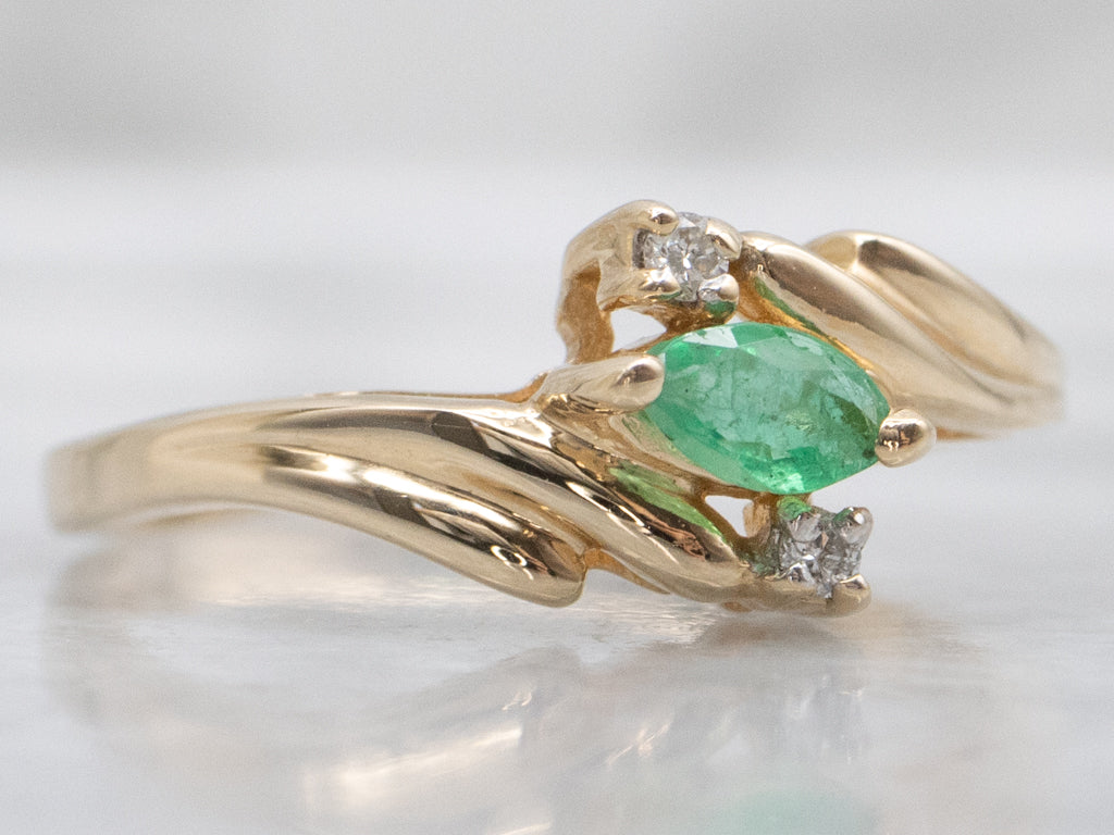 Marquise-Cut Emerald and Diamond Gold Bypass Ring