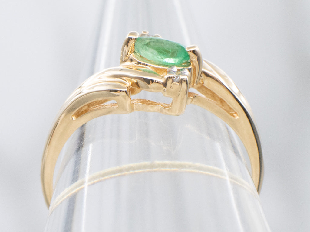 Marquise-Cut Emerald and Diamond Gold Bypass Ring