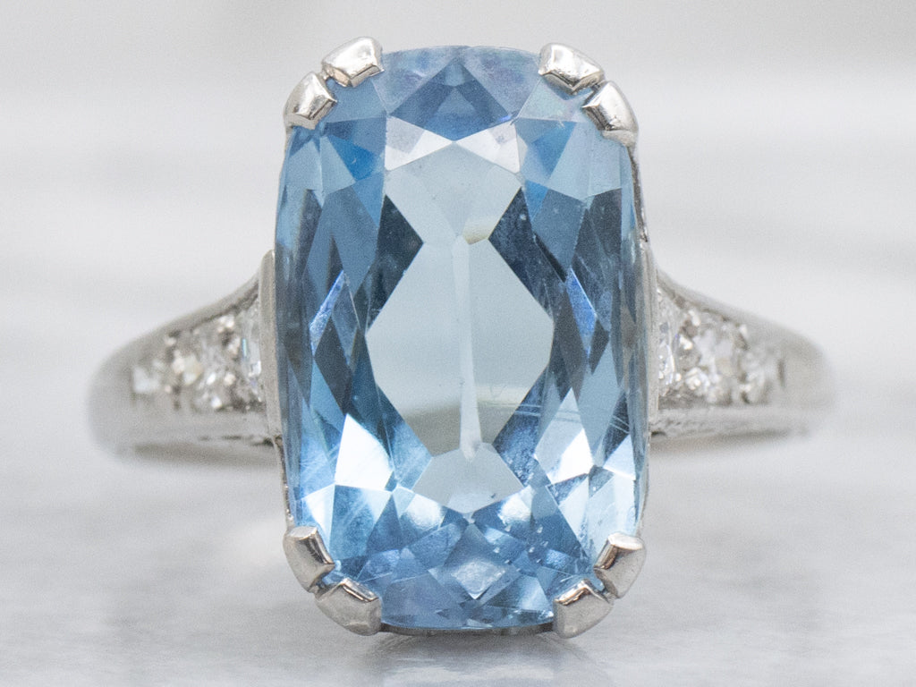 Natural Aquamarine and Old Mine Cut Diamond Platinum Ring