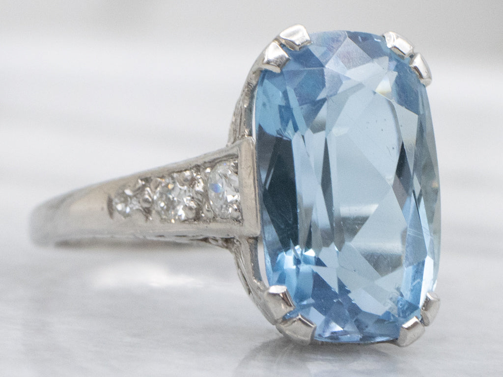 Natural Aquamarine and Old Mine Cut Diamond Platinum Ring