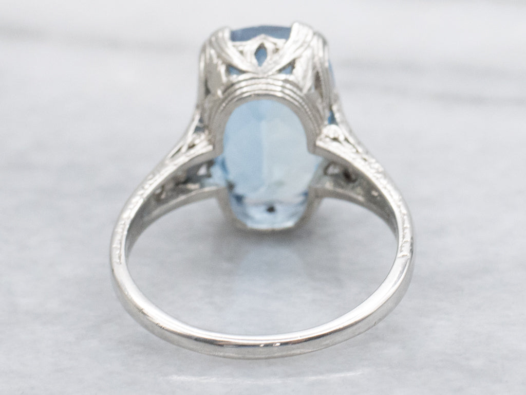 Natural Aquamarine and Old Mine Cut Diamond Platinum Ring