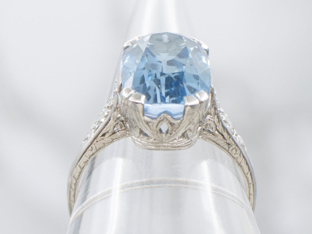 Natural Aquamarine and Old Mine Cut Diamond Platinum Ring