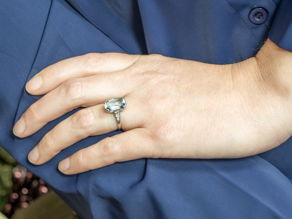 Natural Aquamarine and Old Mine Cut Diamond Platinum Ring