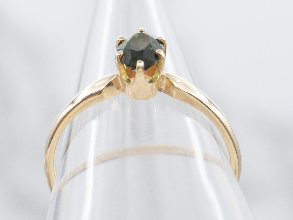 Six-Prong Green Tourmaline and Gold Solitaire Ring