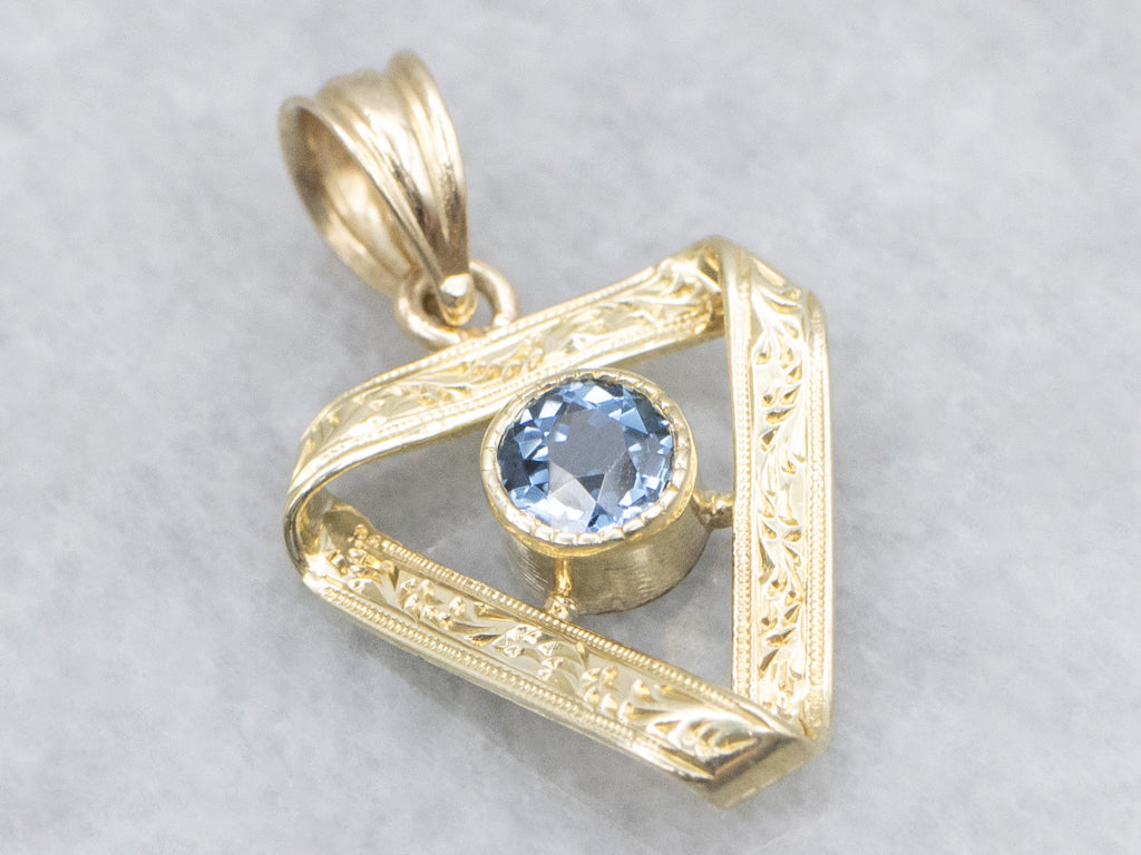 Bezel-Set Sapphire Engraved Gold Stickpin Conversion Pendant