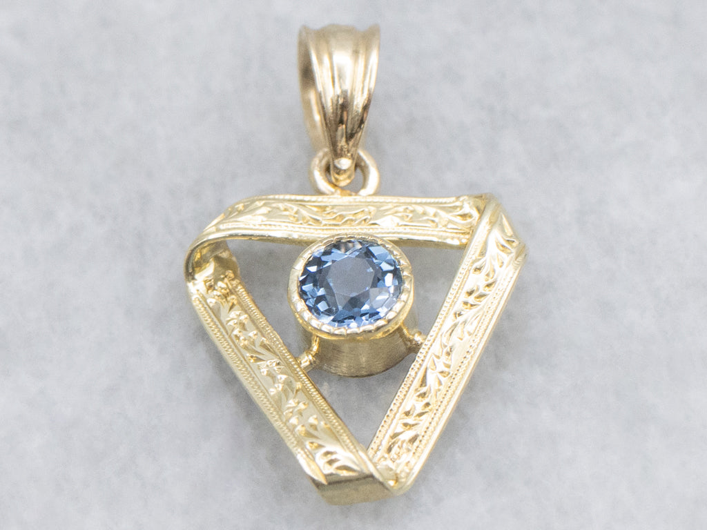 Bezel-Set Sapphire Engraved Gold Stickpin Conversion Pendant