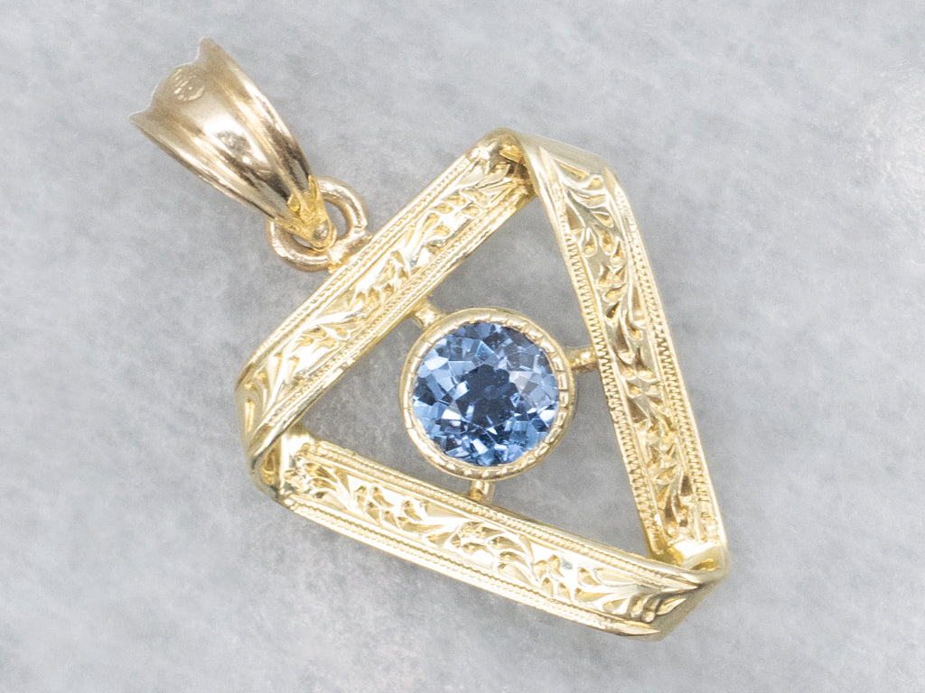 Bezel-Set Sapphire Engraved Gold Stickpin Conversion Pendant