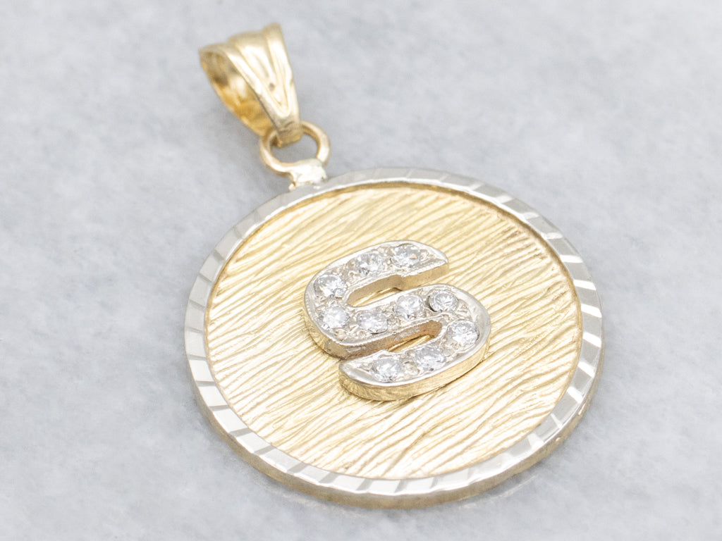 Diamond Initial "S" Two-Tone Gold Textured Disc Pendant