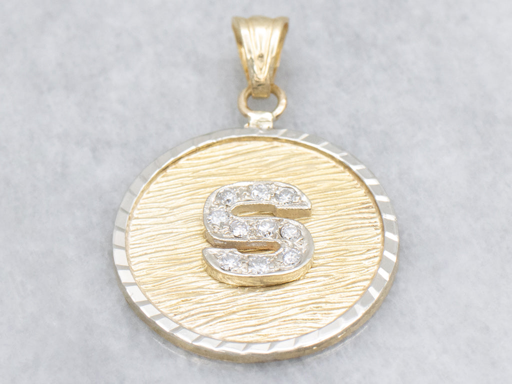 Diamond Initial "S" Two-Tone Gold Textured Disc Pendant
