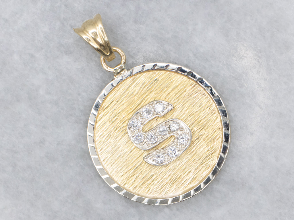 Diamond Initial "S" Two-Tone Gold Textured Disc Pendant