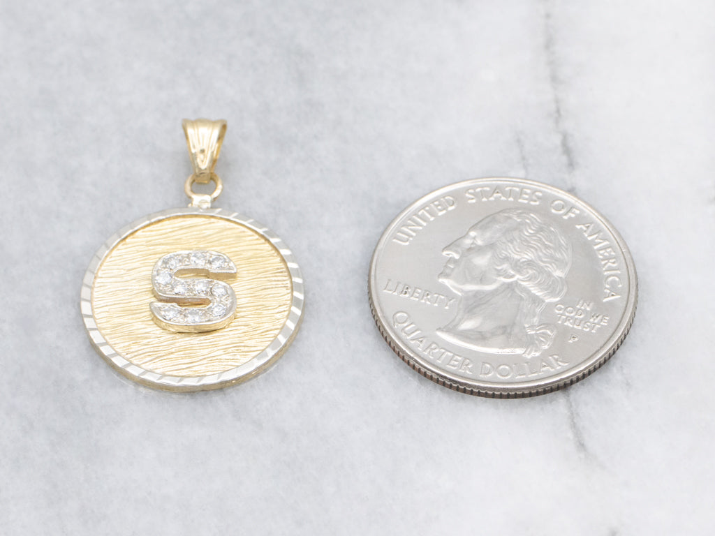 Diamond Initial "S" Two-Tone Gold Textured Disc Pendant