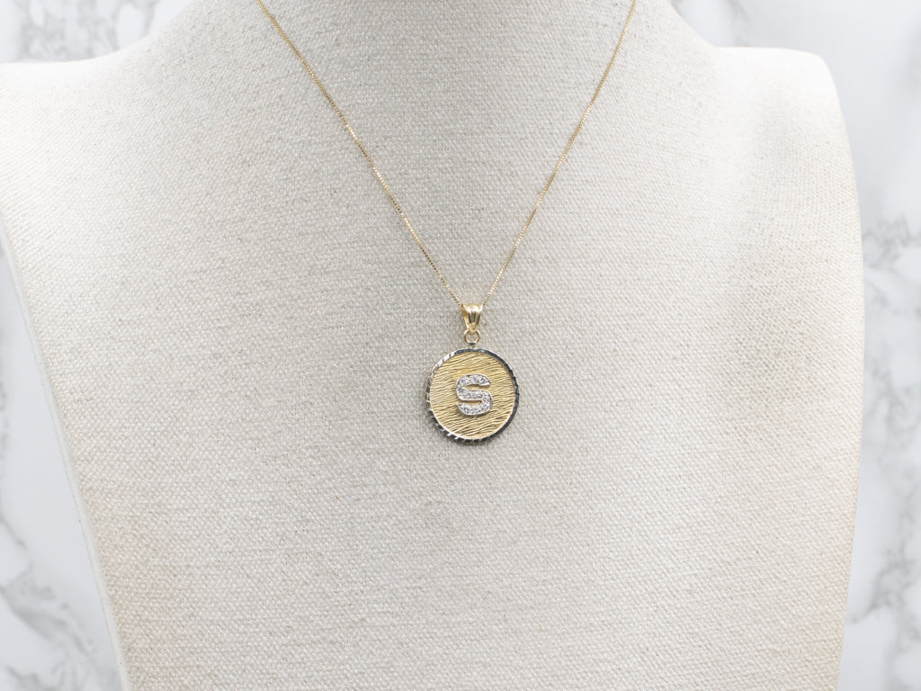 Diamond Initial "S" Two-Tone Gold Textured Disc Pendant
