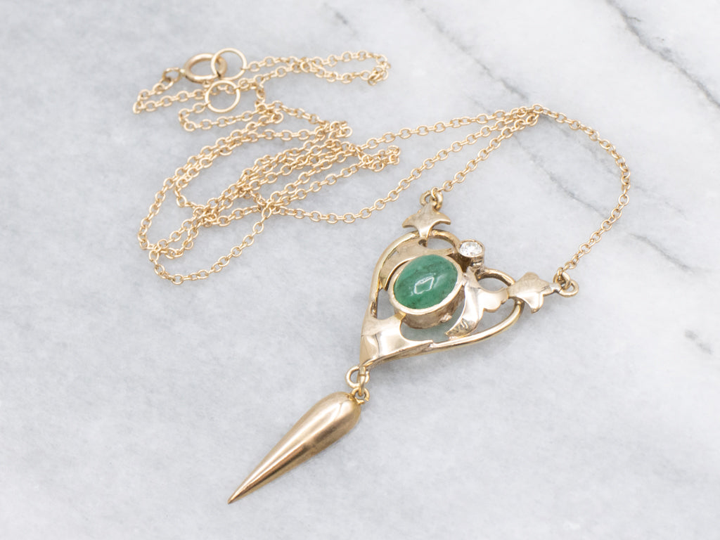 Vintage Emerald Cabochon and Diamond Heart Pendant Necklace