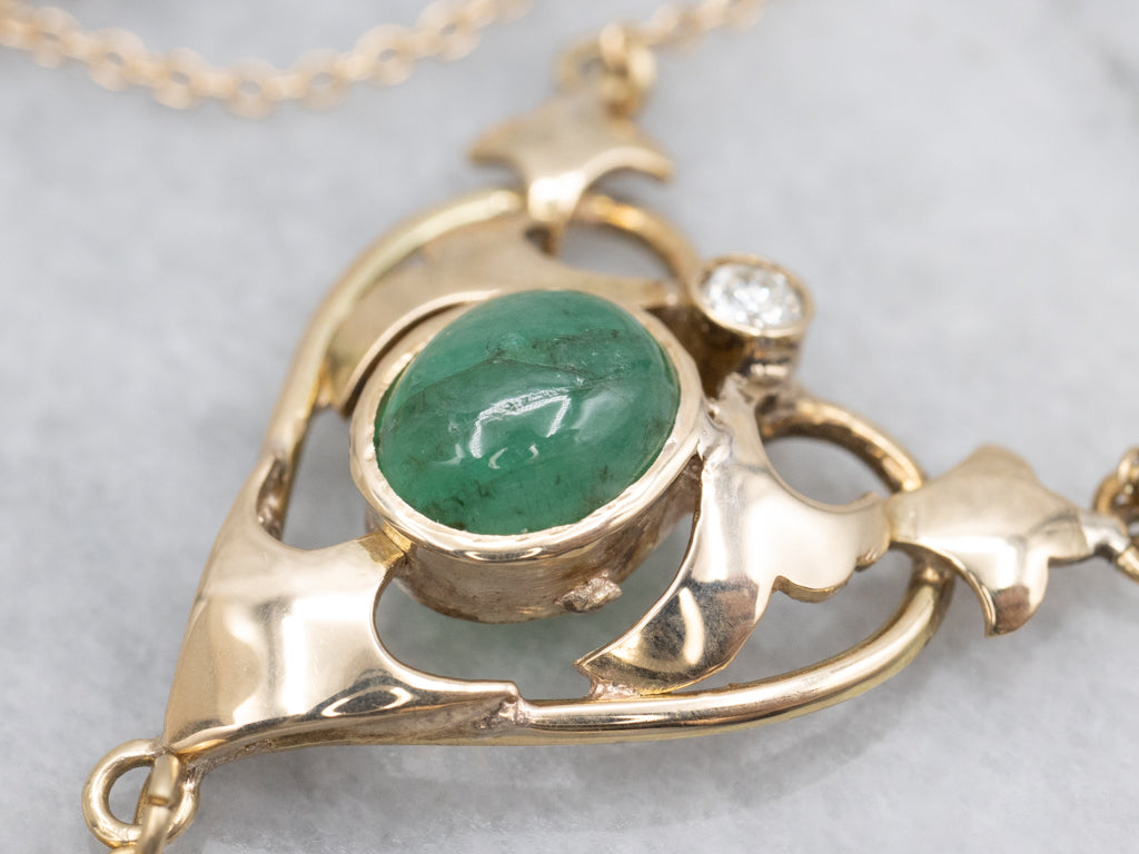 Vintage Emerald Cabochon and Diamond Heart Pendant Necklace