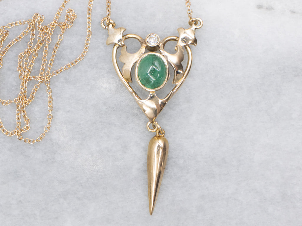Vintage Emerald Cabochon and Diamond Heart Pendant Necklace