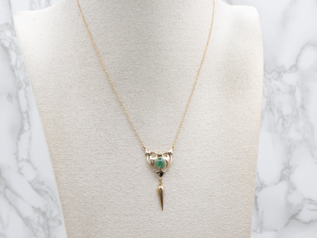 Vintage Emerald Cabochon and Diamond Heart Pendant Necklace