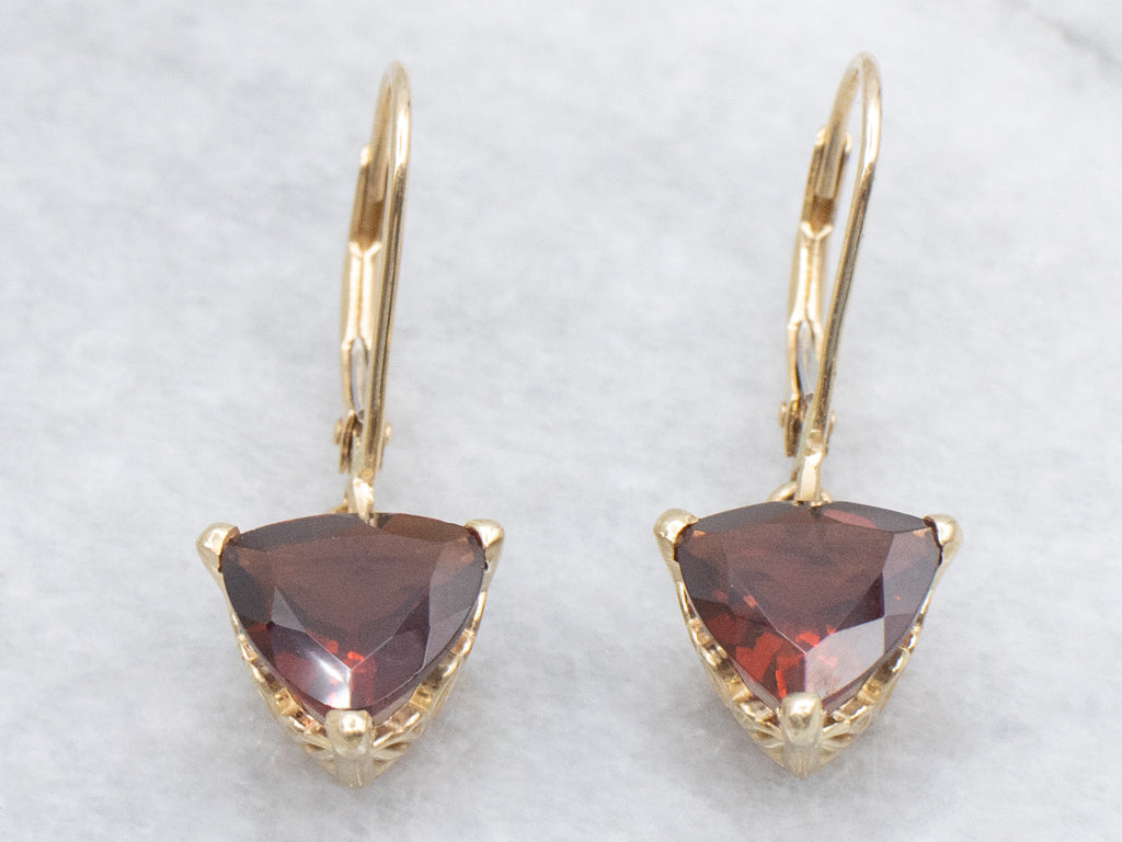 Trillion-Cut Garnet Yellow Gold Drop Earrings