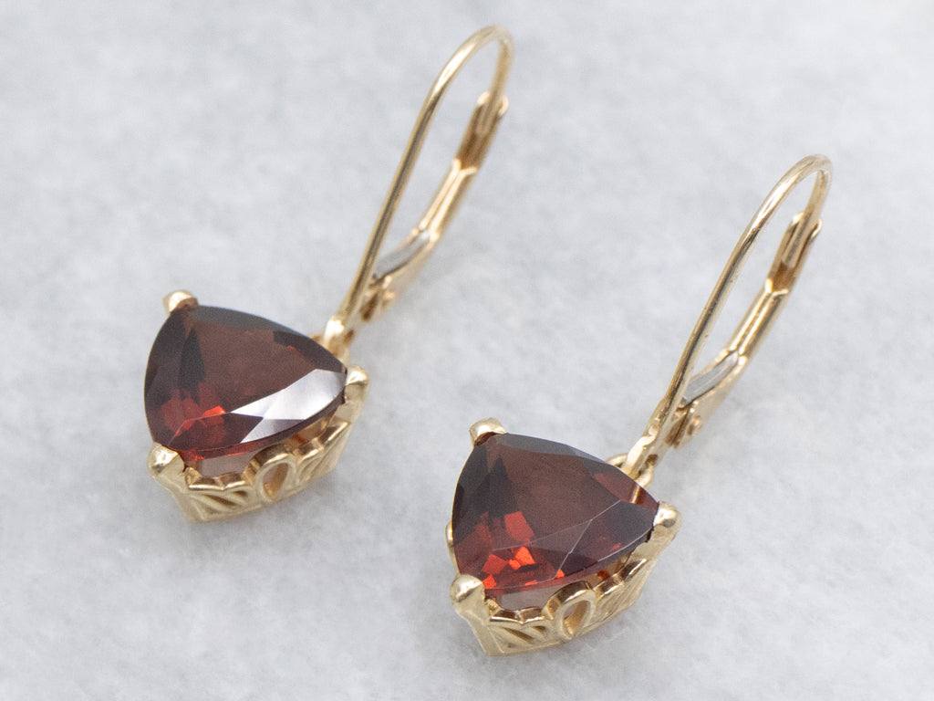 Trillion-Cut Garnet Yellow Gold Drop Earrings