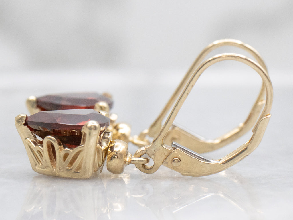 Trillion-Cut Garnet Yellow Gold Drop Earrings