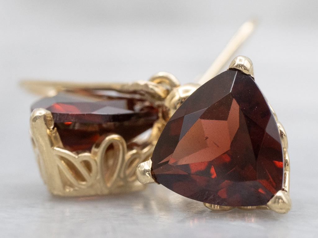 Trillion-Cut Garnet Yellow Gold Drop Earrings