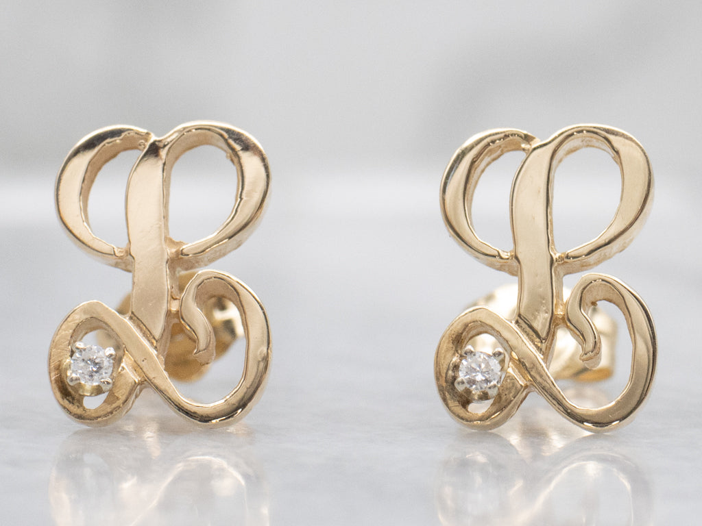 Cursive Letter "L" Gold Initial Stud Earrings with Diamond Accents