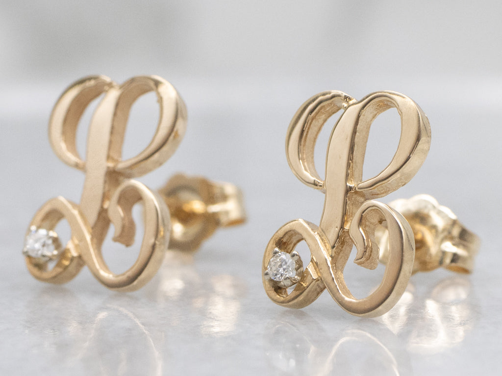 Cursive Letter "L" Gold Initial Stud Earrings with Diamond Accents