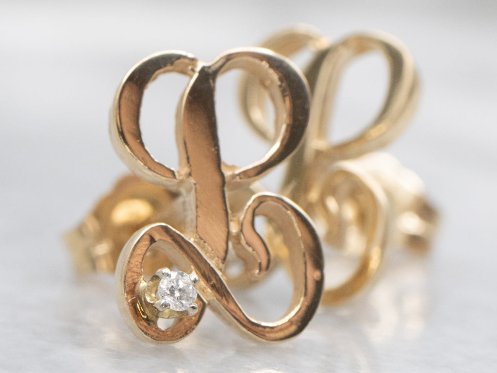 Cursive Letter "L" Gold Initial Stud Earrings with Diamond Accents