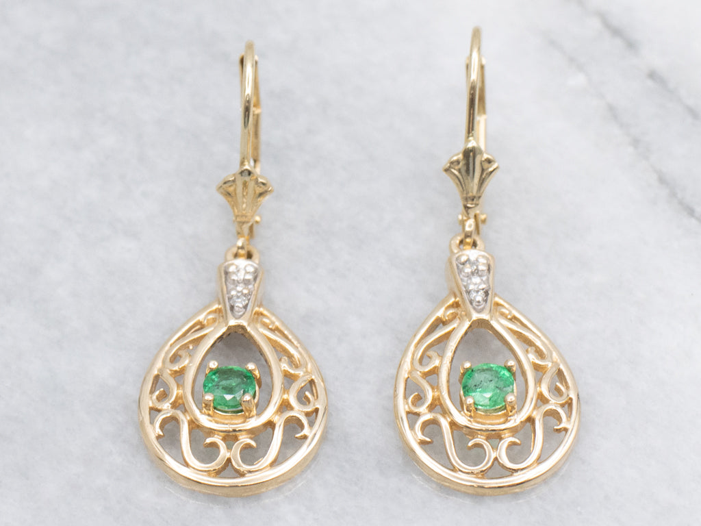 Scrolling Gold Emerald and Diamond Teardrop Earrings