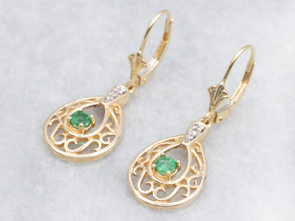 Scrolling Gold Emerald and Diamond Teardrop Earrings